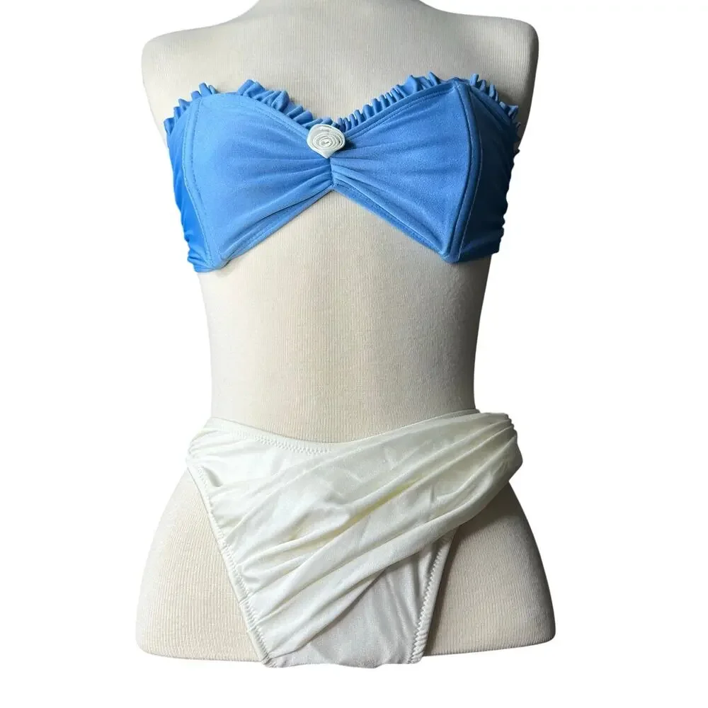 Vintage 80s/90s Bandeau Bikini Swim Suit Cinderella Blue Princess Womens SZ M
